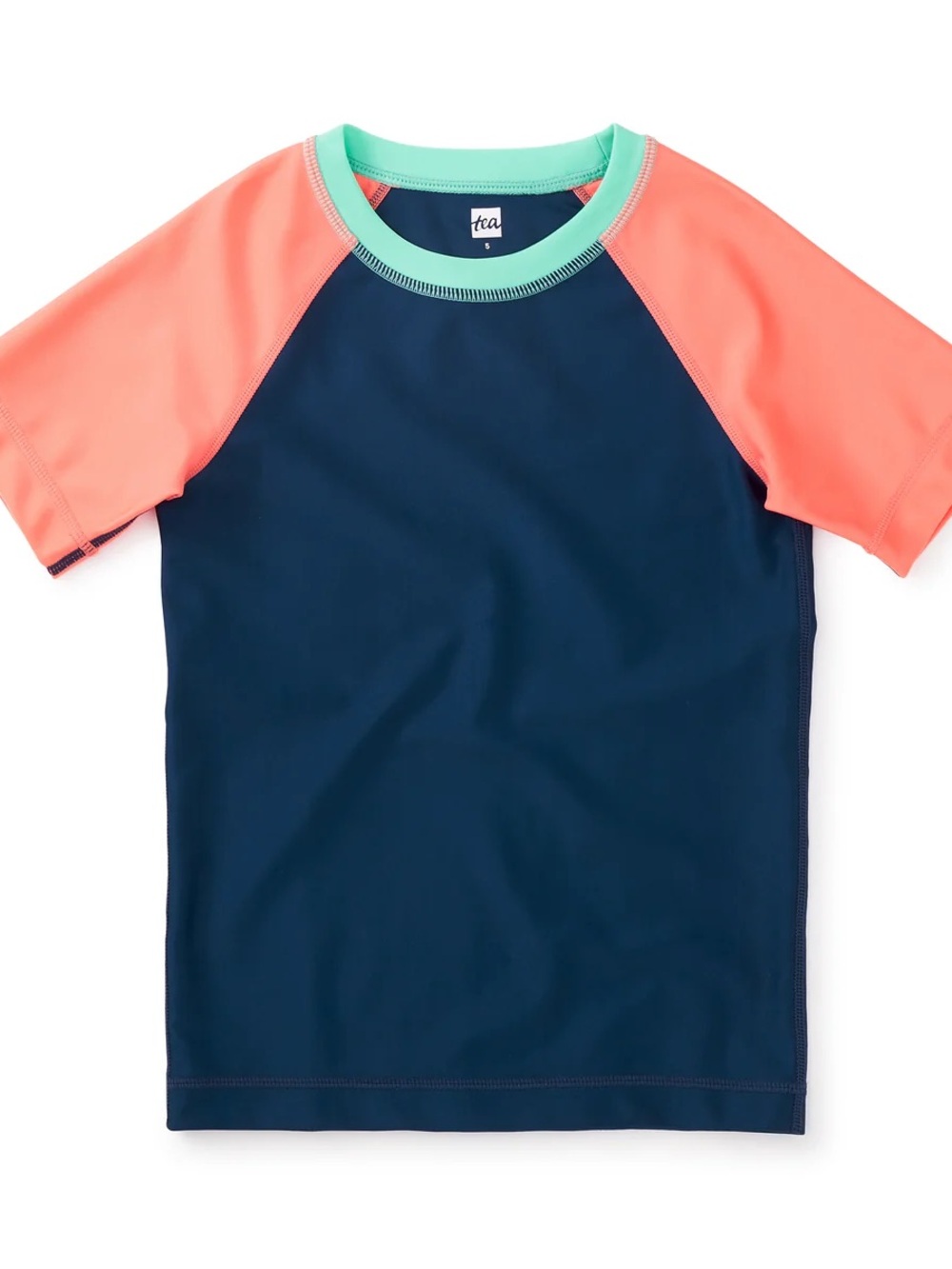 Tea Collection Navy Colorblock Swim Rash Guard with Coral Sleeves and Mint Neck